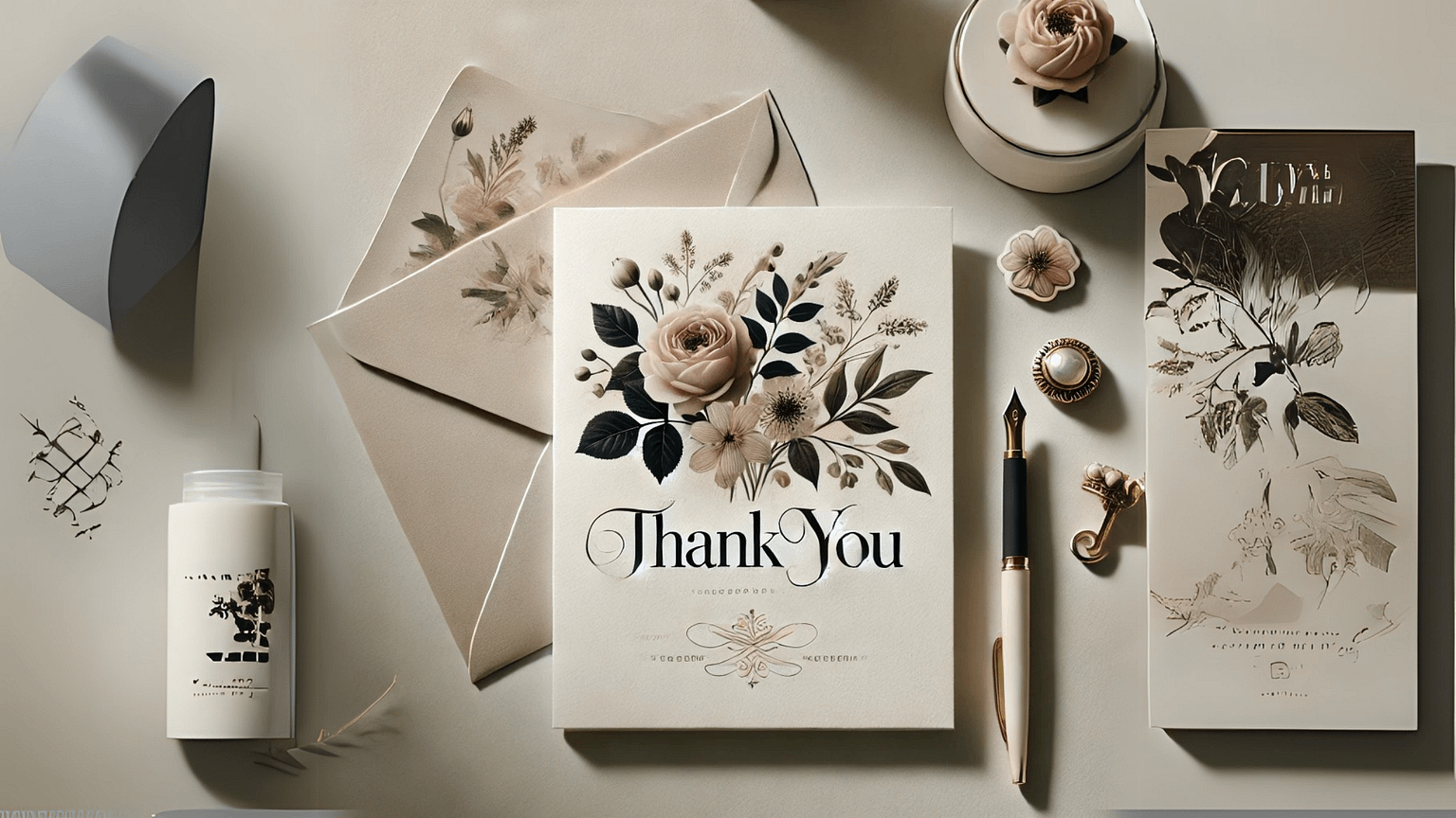 A beautifully designed custom made thank you card featuring elegant calligraphy and floral accents, placed next to a pen and envelope