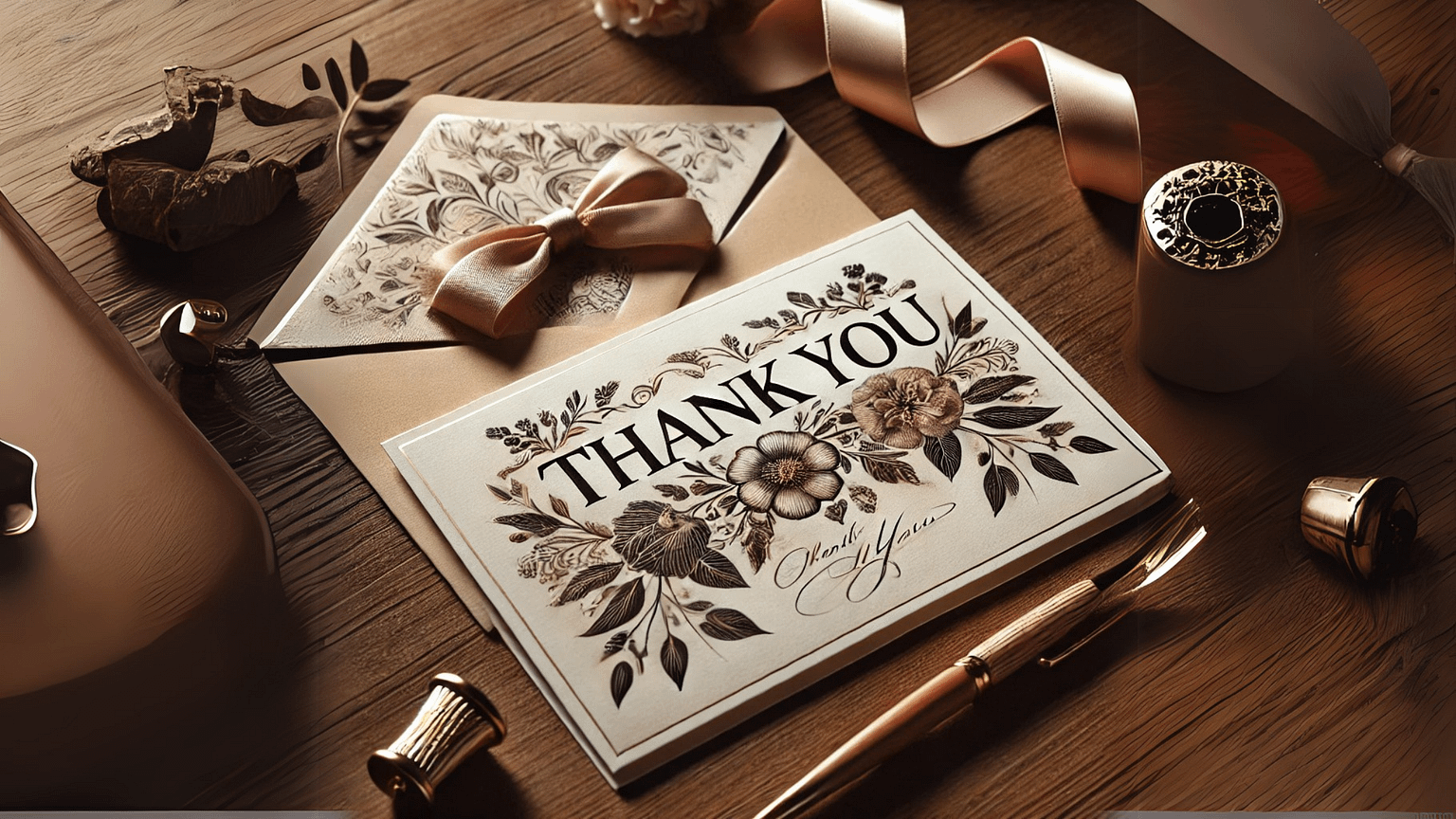 A beautifully designed thank you card with elegant text and a floral design, placed on a wooden table with a pen and an envelope