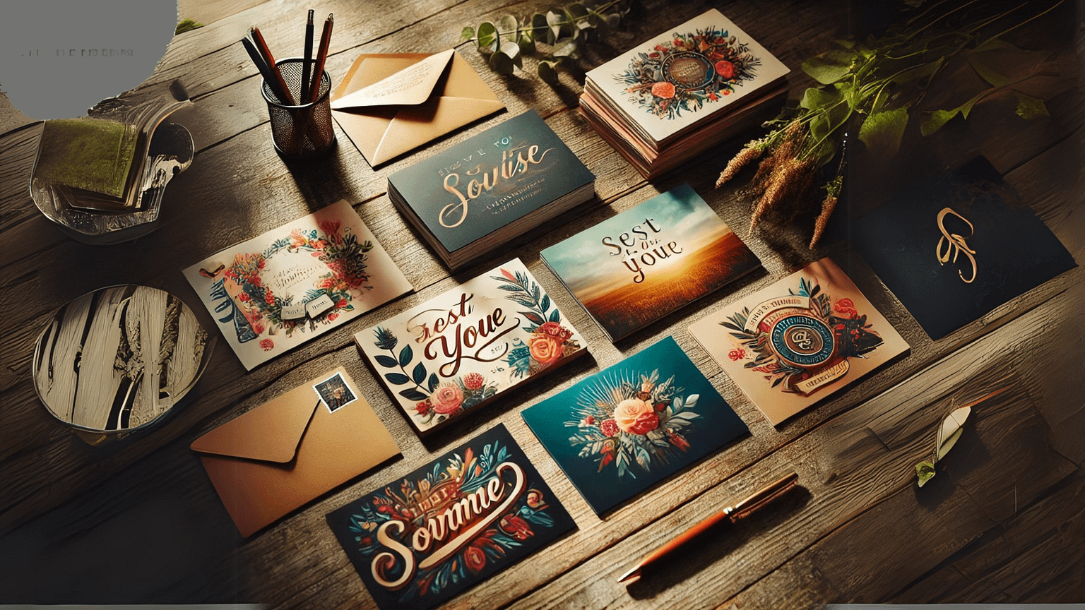 A collection of vibrant personalized postcards featuring custom designs and heartfelt messages, arranged on a wooden table