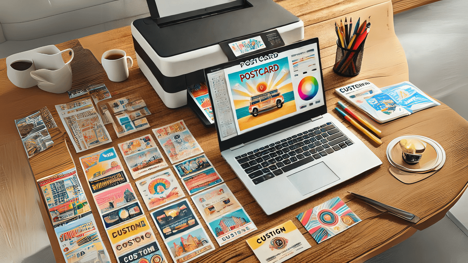 A vibrant postcard printing interface displayed on a laptop screen, surrounded by printed postcards and a printer in the background