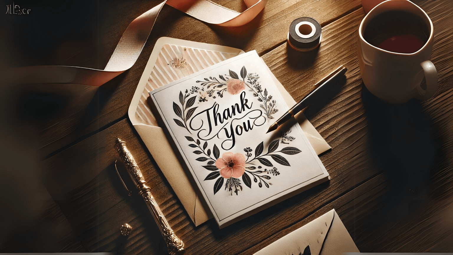 An elegant thank you card with floral designs and handwritten text, placed on a wooden table next to a pen and envelope